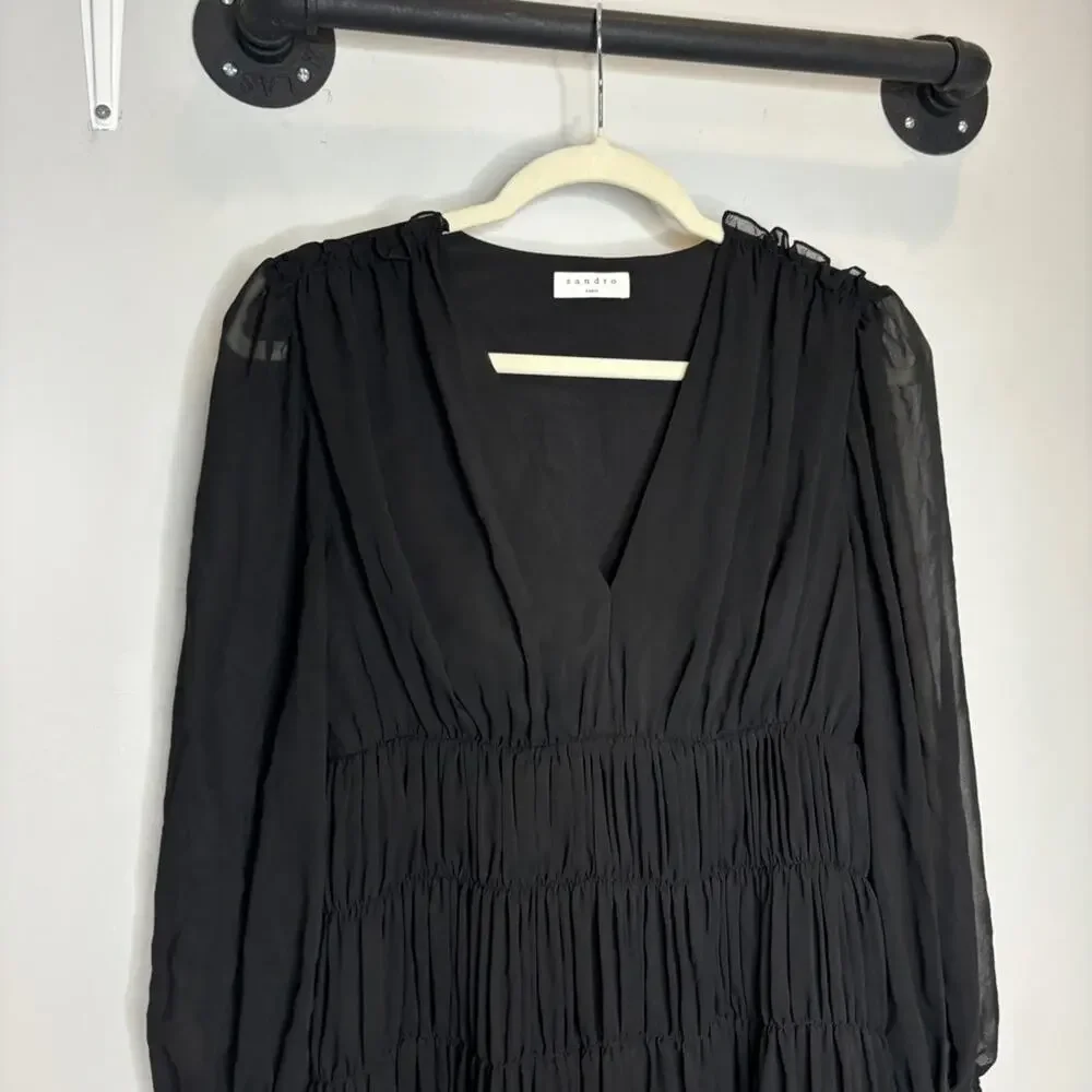 Sandro Voile Tiered Ruffle Mini Dress Black